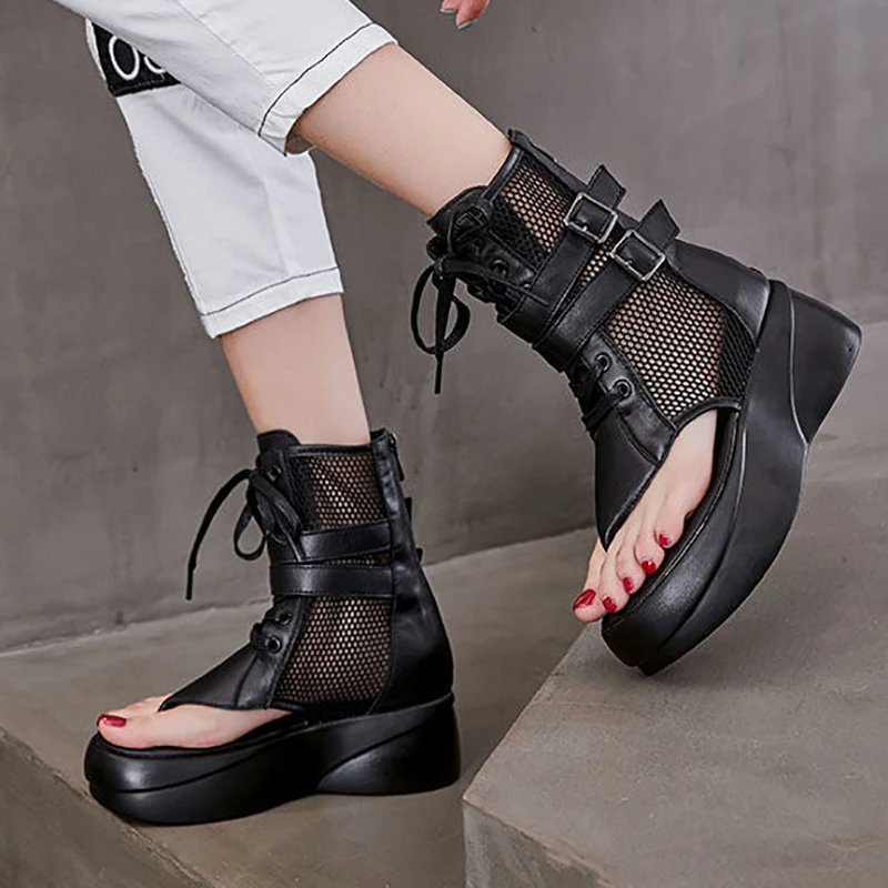 Punk Roman Platform Sandals for Women Cool Boots Mesh Breathable Sandals Korean Hollow Model Gladiator Shoes Summer New 2024