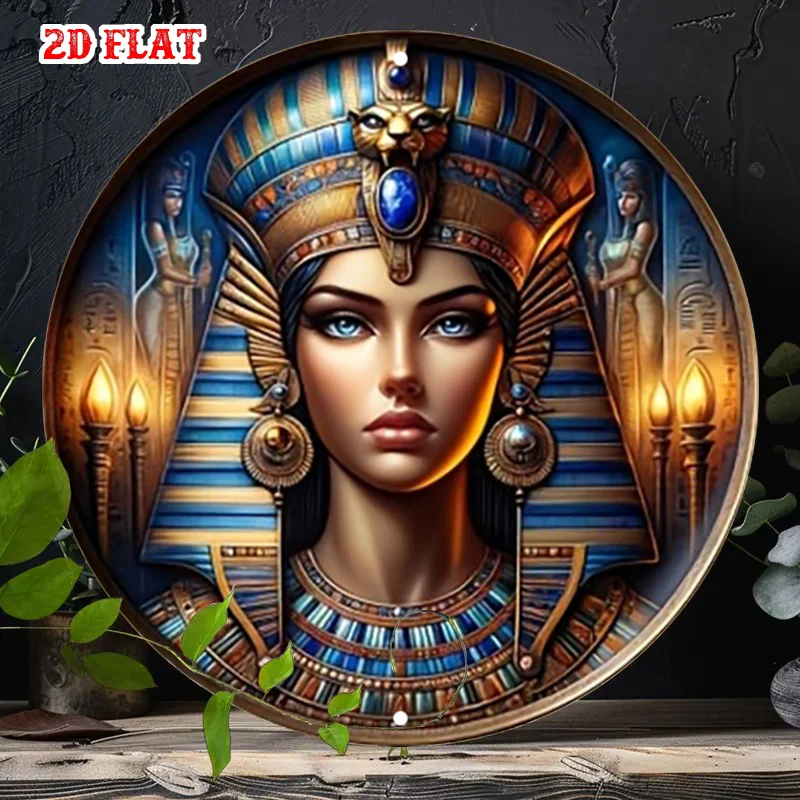 2D Flat Vintage Egyptian Cleopatra Wooden Sign, Retro Pharaoh Mythology Round Plaque, Rustic Ancient Egypt Aesthetic Wall Art, H