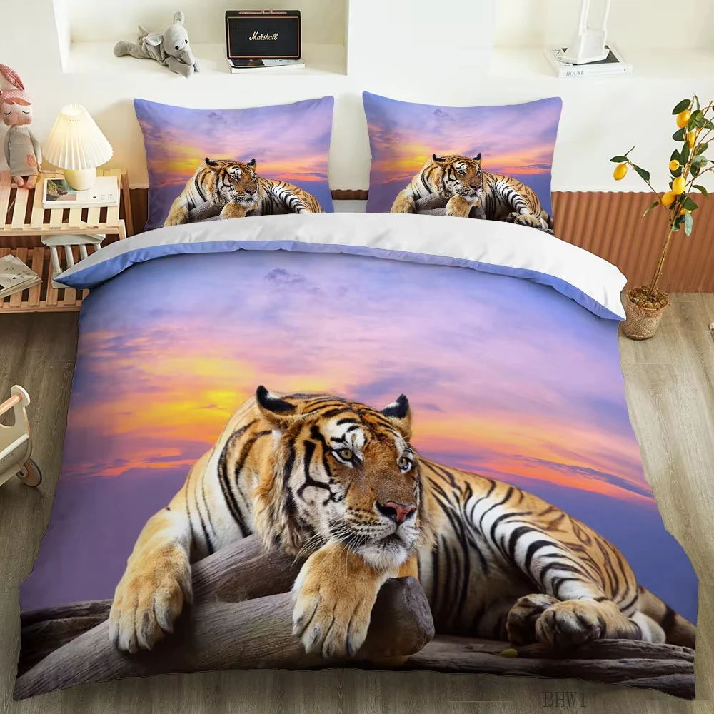 Tiger Duvet Cover Full King Size African Safari Animal Bedding Set Wild Animal Print Tiger Comforter Cover for Boys Girls Teens
