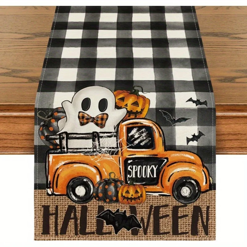 Farmhouse Halloween Buffalo Plaid Table Runner, Vintage Truck Ghost Pumpkin Bat Pattern Long Table Scarf Dining Table Party Deco
