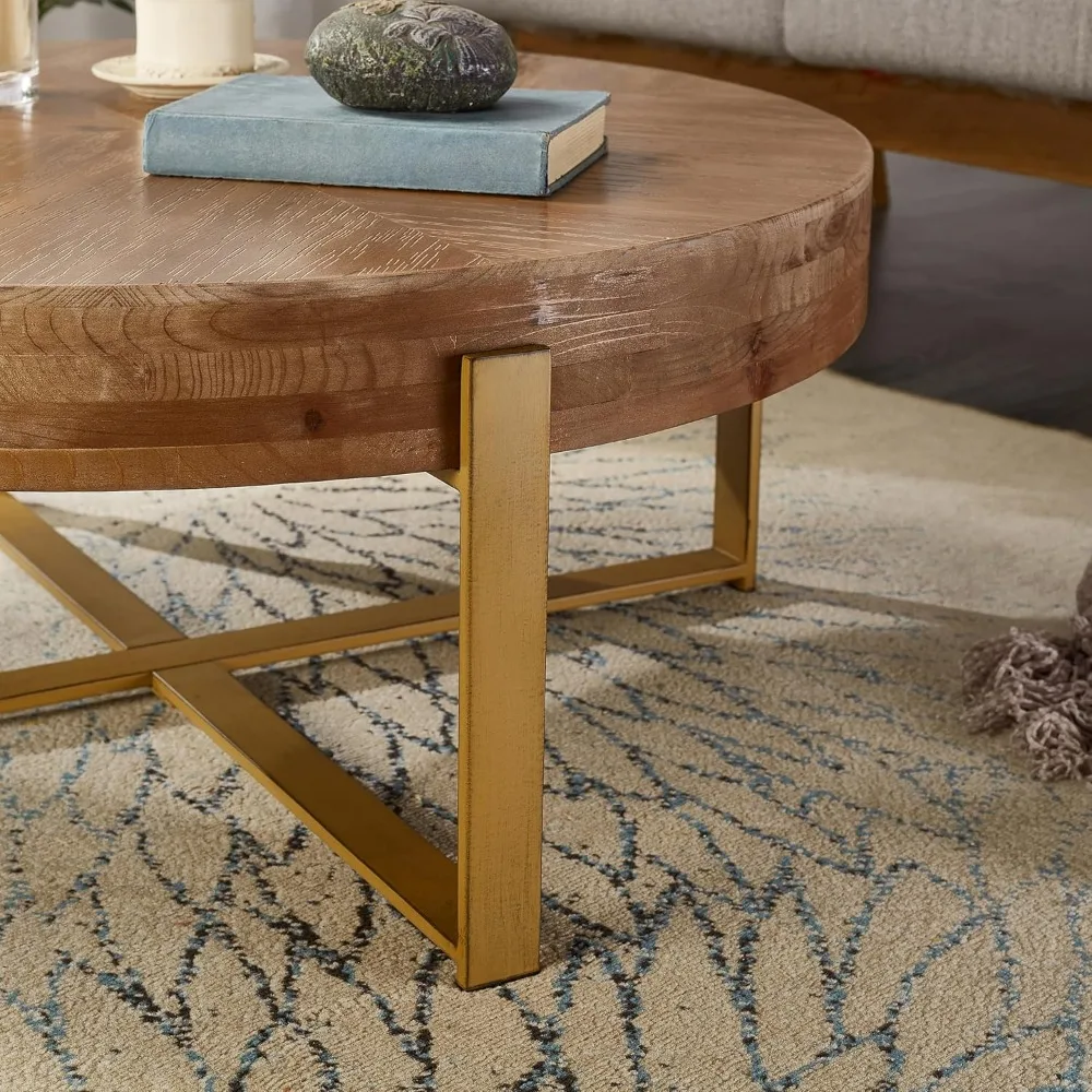 Rustic Vintage Circle Wooden Coffee Table with Gold Legs for Living Room - Easy Assembly