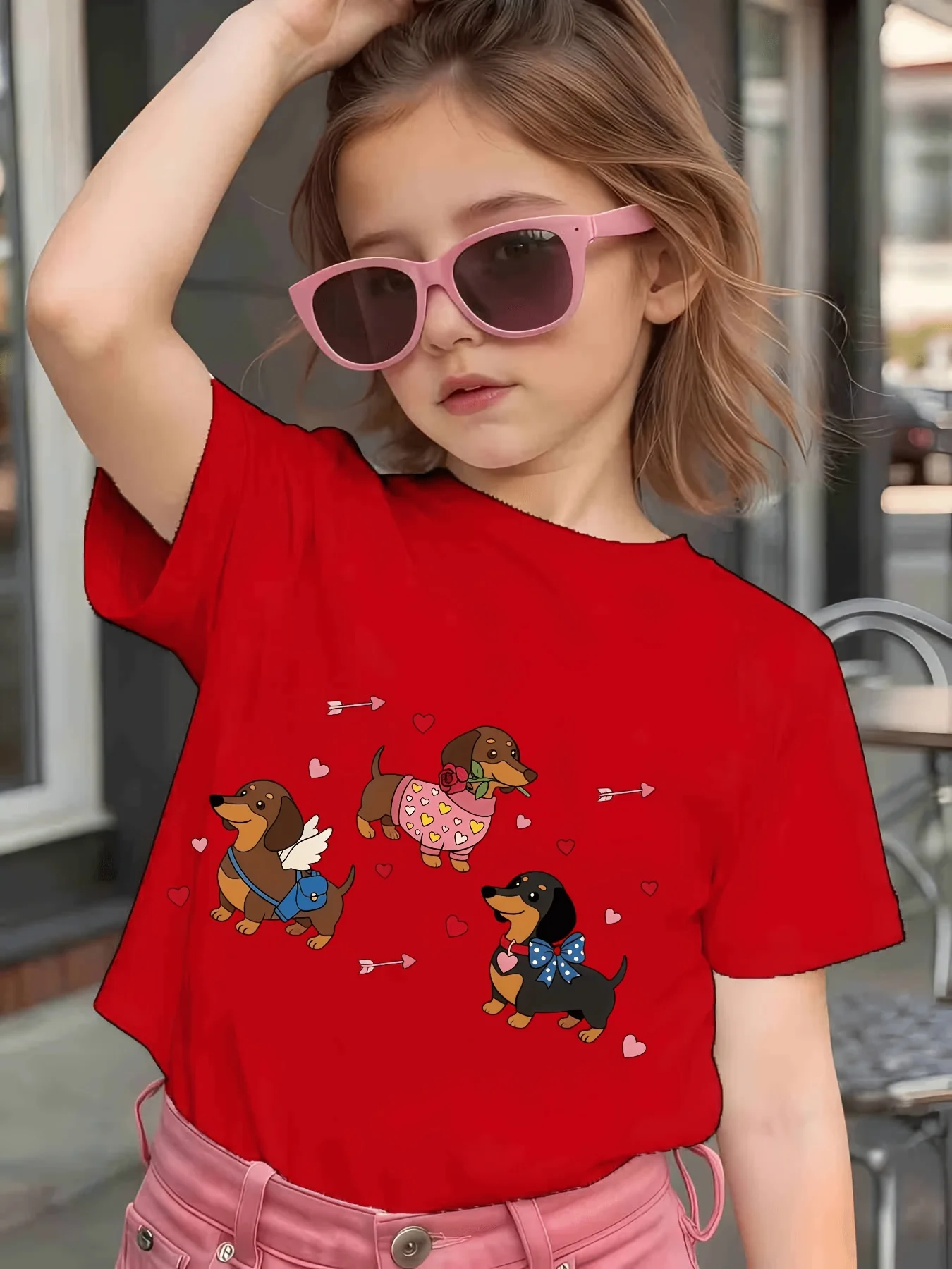 Cute Dachshund Dog Heart Arrow Graphic Kids T Shirt Boys Girls Short Sleeve Family Matching Cotton Casual Tees For Young Kids