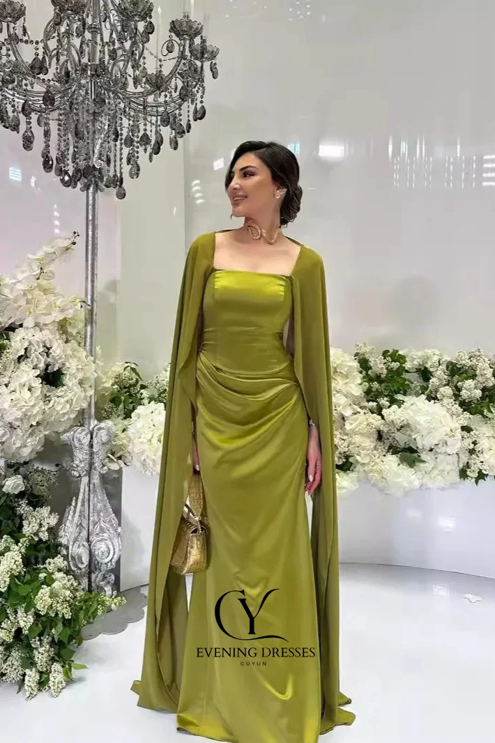 CUYUN Customized Sage Green Evening Gown Saudi Dubai Cape Sleeves Women Prom Party Gown Formal Event Dresses for Women