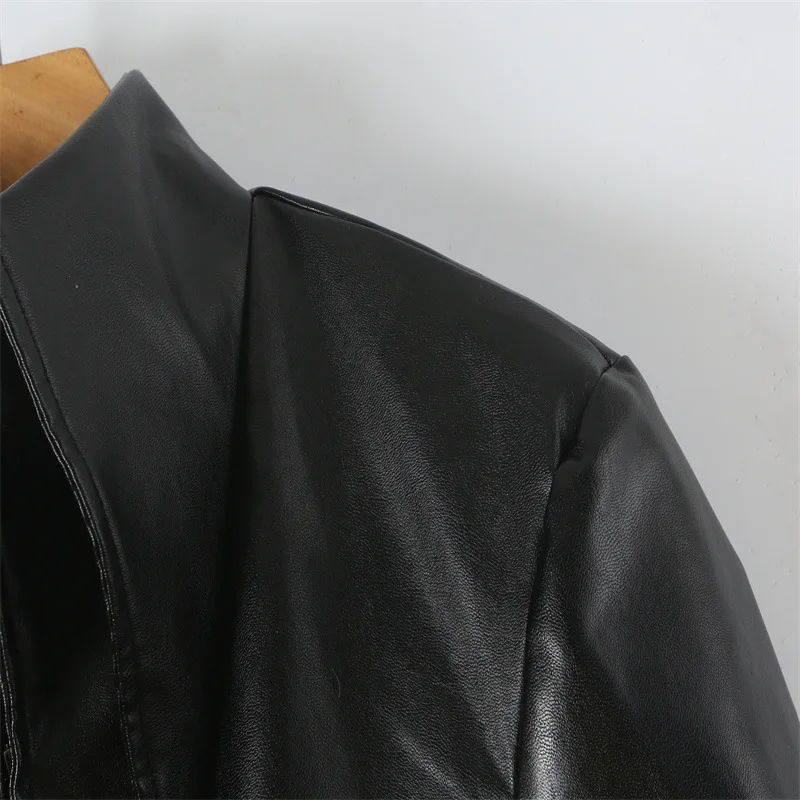 NINE ZAR Women's Slim Fit Long Sleeve Stand Collar Leather Effect Suit Jacket Versatile Zipper Closure Fashionable Outerwear