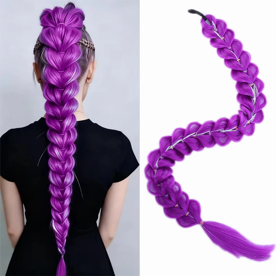 32 inch gevlochten paarse synthetische paardenstaart met tinsel haar pruik super extensions glanzend tinsel haar voor kinderen kerst cosplay haar - afbeelding 1