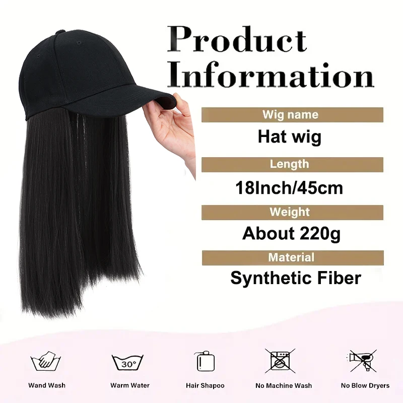 18Inch Synthetic Long Straight Hair Extension Baseball Cap  Adjustable Black Blonde Hairpiece Fashion Hat Wig image 3