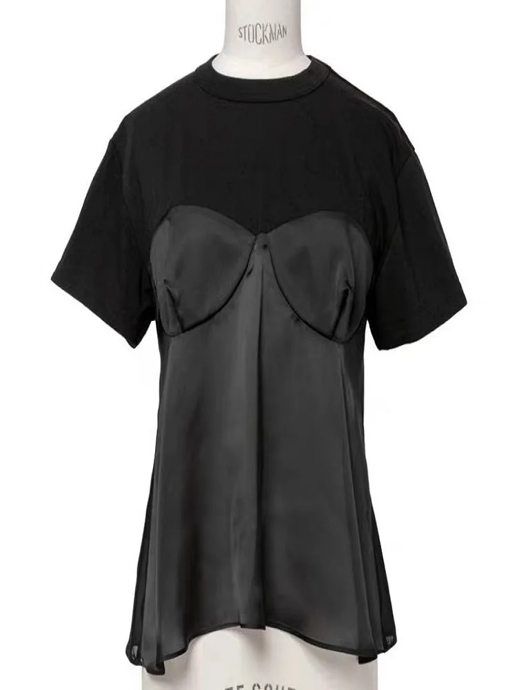 Casual Loose ort Sve T-irt Women's Patchwork Design Cotton Blend Summer Top FOG SACAI SS24 Commute Sle round Ne