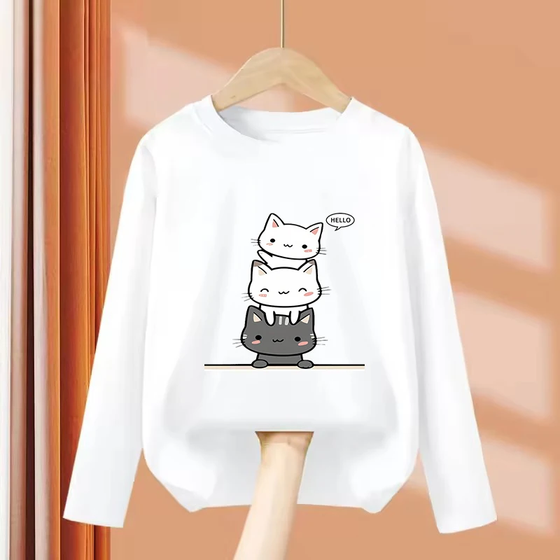 Long Sleeve New Happy Cat Funny T Shirts Manga Kids Children's T-shirt Boys Girls Summer Spring Casual Top Tee Shirt