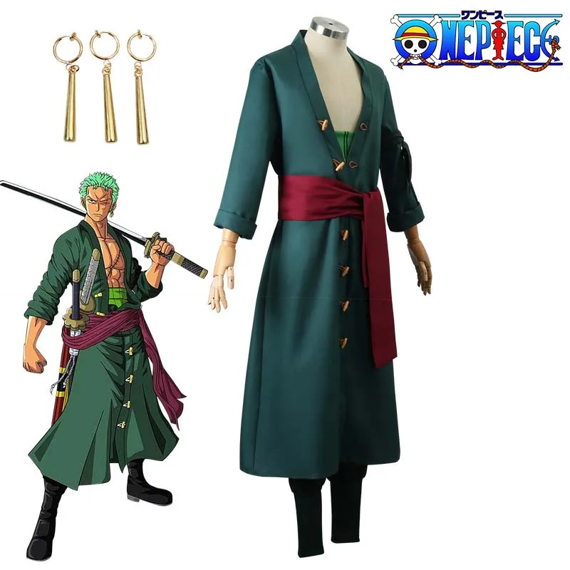 Anime Figures Roronoa Zoro Cosplay Costume Uniform Green Coat Pants Head Scarf Roronoa Zoro Wig Earrings Halloween Men Clothes