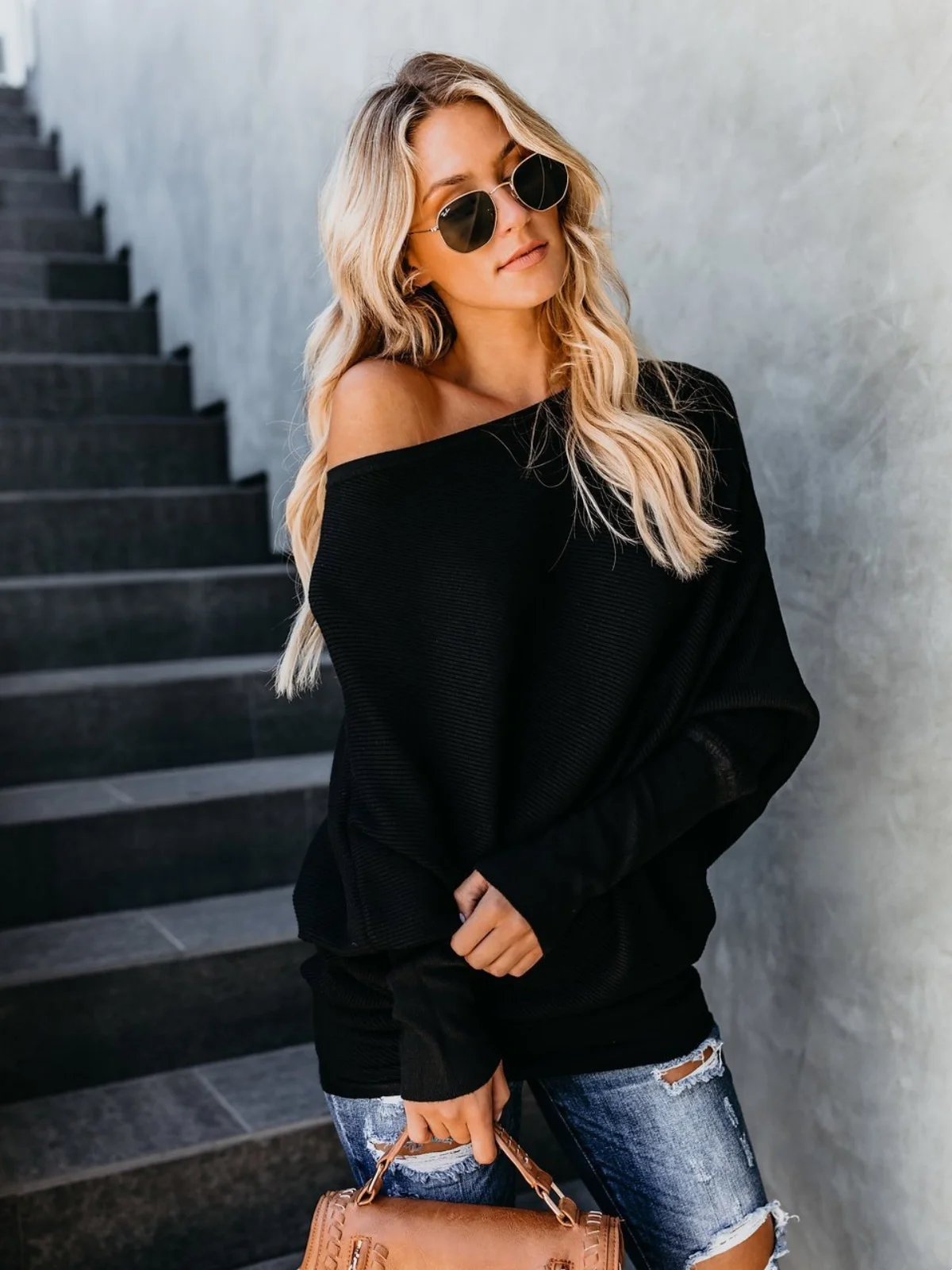 Off Shoulder Oversized Sweater Women Solid Color Casual Loose Fit Rib Knitted Pullover Tops Batwing Long Sleeve Chunky Sweaters