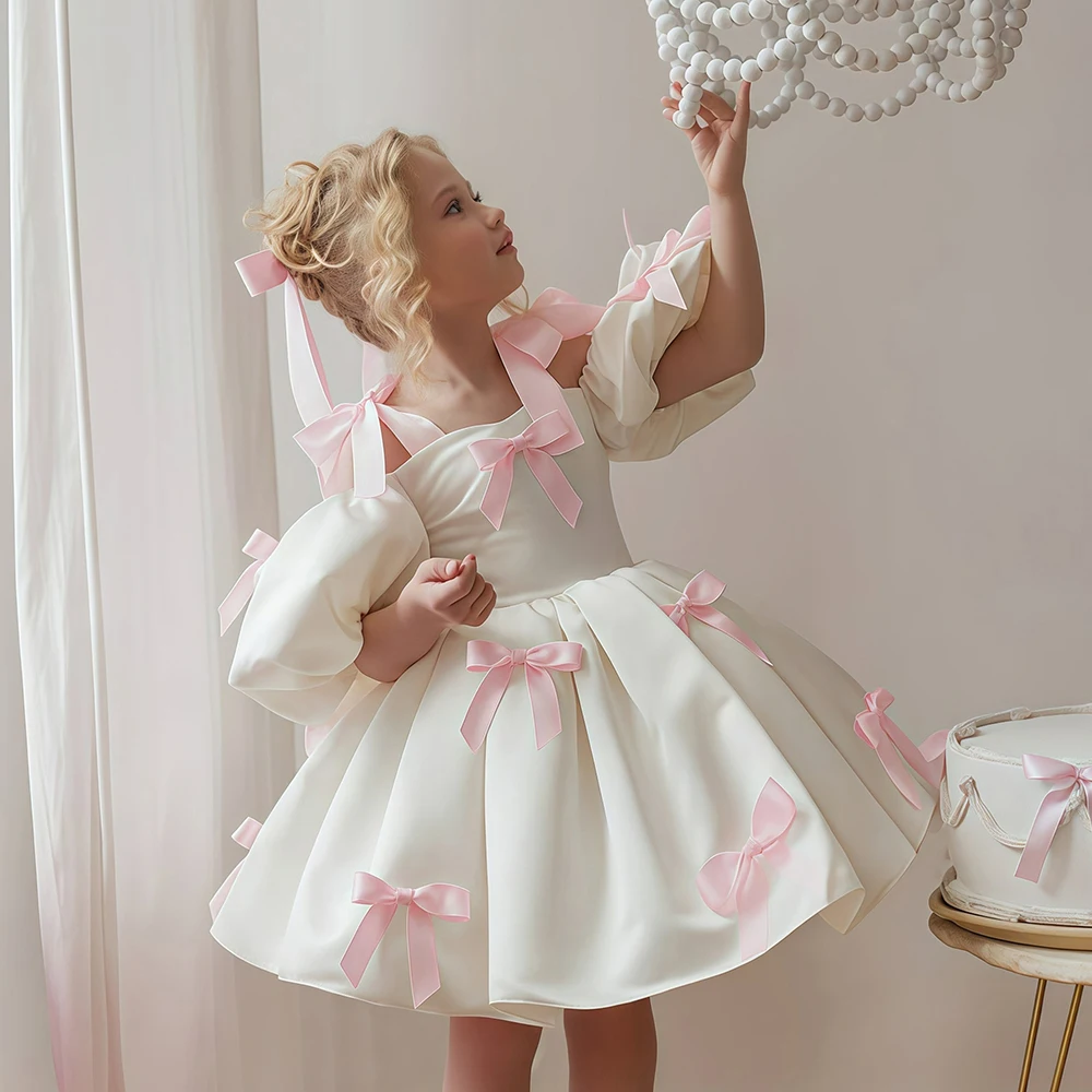 

Princess Dress With Bow For Party Night Weddings Dresses Puff Sleeve Design Children Clothes Concert Performance Costume