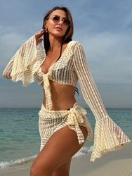 2024 New Sexy Lace Puff Sleeves Four Pieces Bikini Sets Swimsuit For Women Long Sleeves Swimwear Female Bathing Suit Beachwear