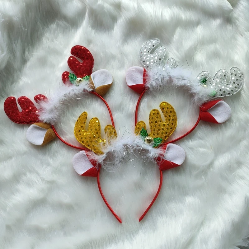 Zwierzęcy róg jelenia z pałąkiem na głowę z dzwoneczkami poroża z piór obręcz do włosów nowość ozdoby do włosów na imprezę Christmas Party Hairband