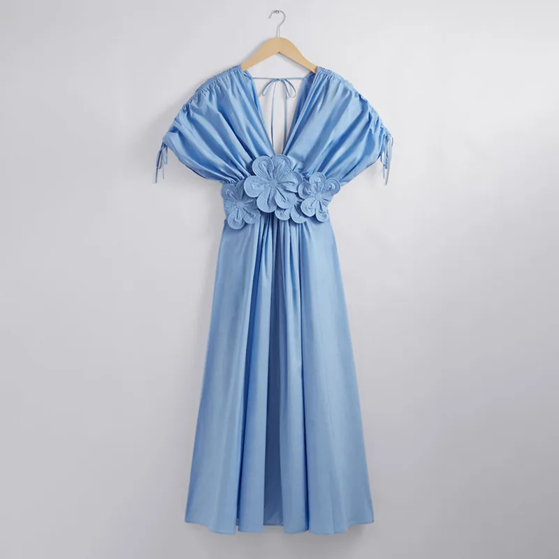 Ele Floral Design High-End Commute V-Ne Dr Korean Waist-Cinching Slimming Bal Long Dr Southeast Asian Sle ...