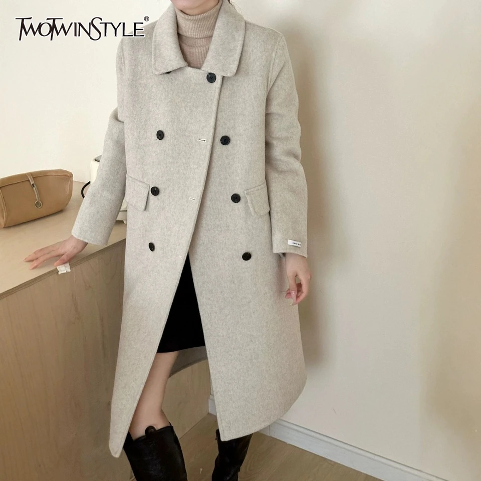 TWOTWINSTYLE Solid Spliced Double Breasted Jacket Female Lapel