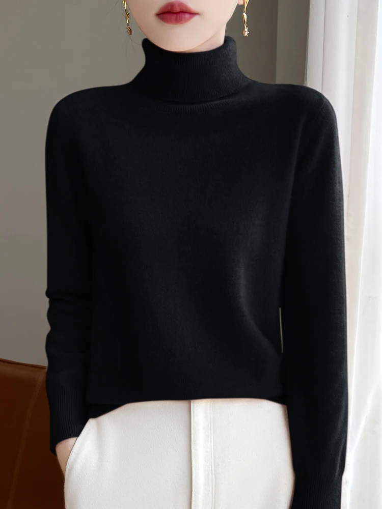 Spring Autumn Turtleneck Solid Color Warm Pullover Knitwear 100% Merino Wool Women Sweater Long Sleeved High Quality Tops