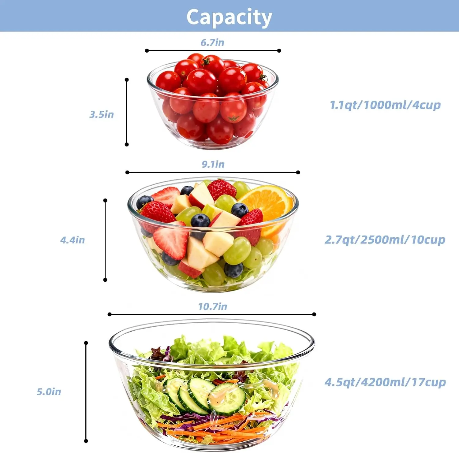 Glass Mixing Bowls with Lids Set (4.5QT, 2.7QT, 1.1QT), Nesting Space-Saving Salad Bowls, Dishwasher Safe for Cooking, Baking & Food Prep