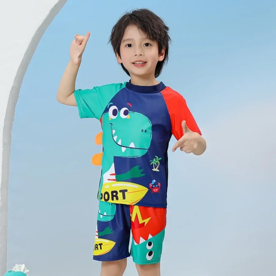 Детский купальник из двух предметов с кепкой, солнцезащитный крем с короткими рукавами для мальчиков, быстросохнущий купальный костюм, детский гидрокостюм с героями мультфильмов, костюм для серфинга