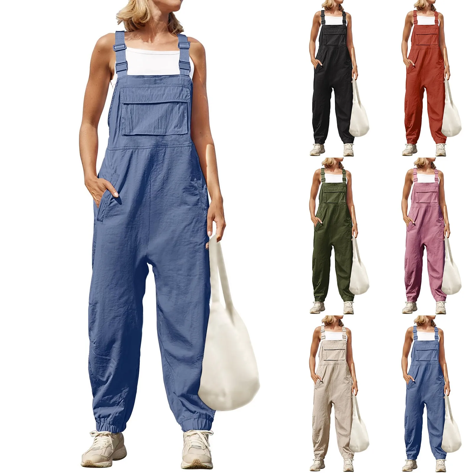 Women'S Overalls Bib Jumpsuit Casual Loose Adjustable Straps Long Jumpsuits With Pockets Daily Outdoor Sports Matching Romper