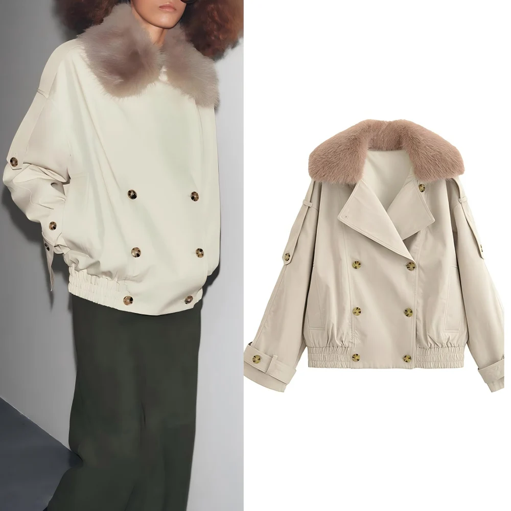 

Women's new fashion faux fur collar decoration casual double breasted warm Coat retro long sleeved pocket women's Coat chic top