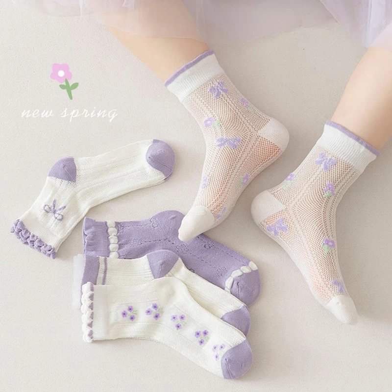 

5 Pairs Purple Mesh Ankle Socks for Girls Bow-Adorned Princess Style Breathable Cotton Kids Footwear for Summer