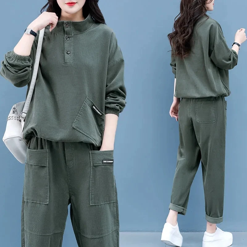 Oversized Women\'s Suit 2023 Spring Autumn Long sleeved Sweatshirt Sportswear Two-piece Loose Solid Female Casual Clothing Sets