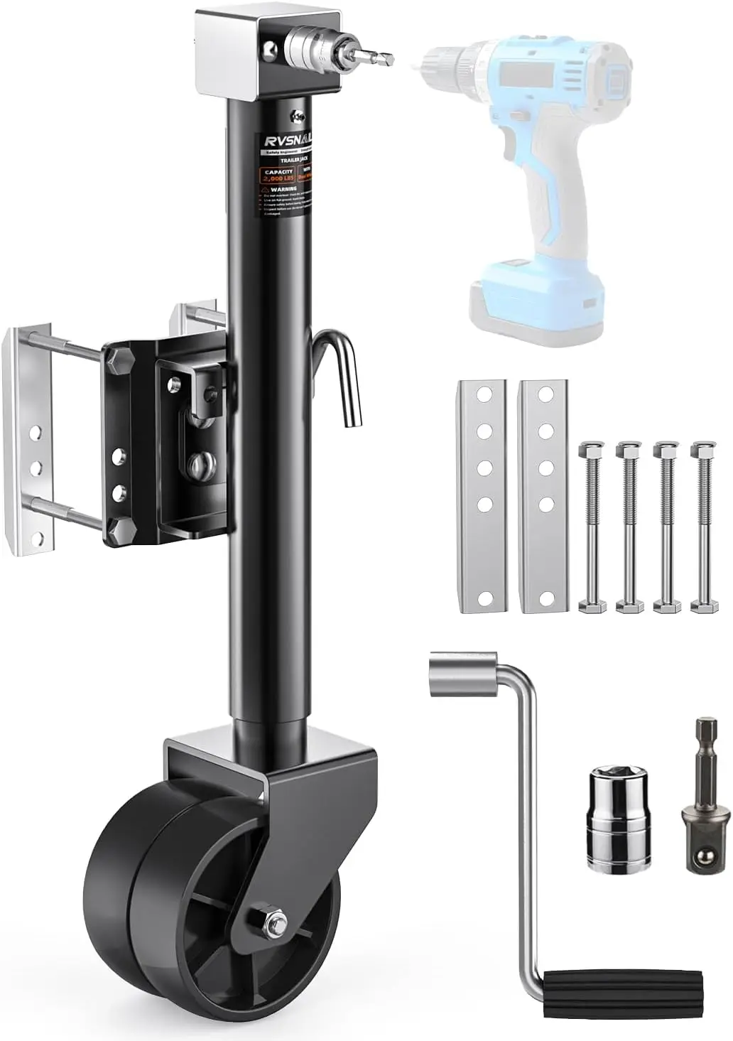 

2000 lbs Dual Wheel Trailer Jack, 12' Lift, 20-24V Drill Compatible, Black