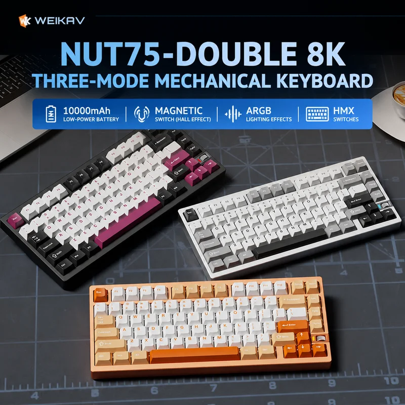 WEIKAV Nut75 Mechanical Keyboard Tri Mode Bluetooth Wireless 8000Hz Polling Rate Aluminum Alloy CSGO Valorant Gaming Keyboard