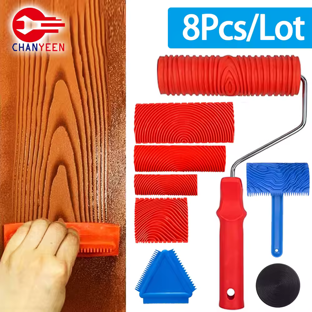 Ensemble d'outils de grain de bois en caoutchouc, Texture, bricolage, rouleau de peinture, motif de brosse pour mur, salle, maison, cour, décoration de jardin, outils de peinture