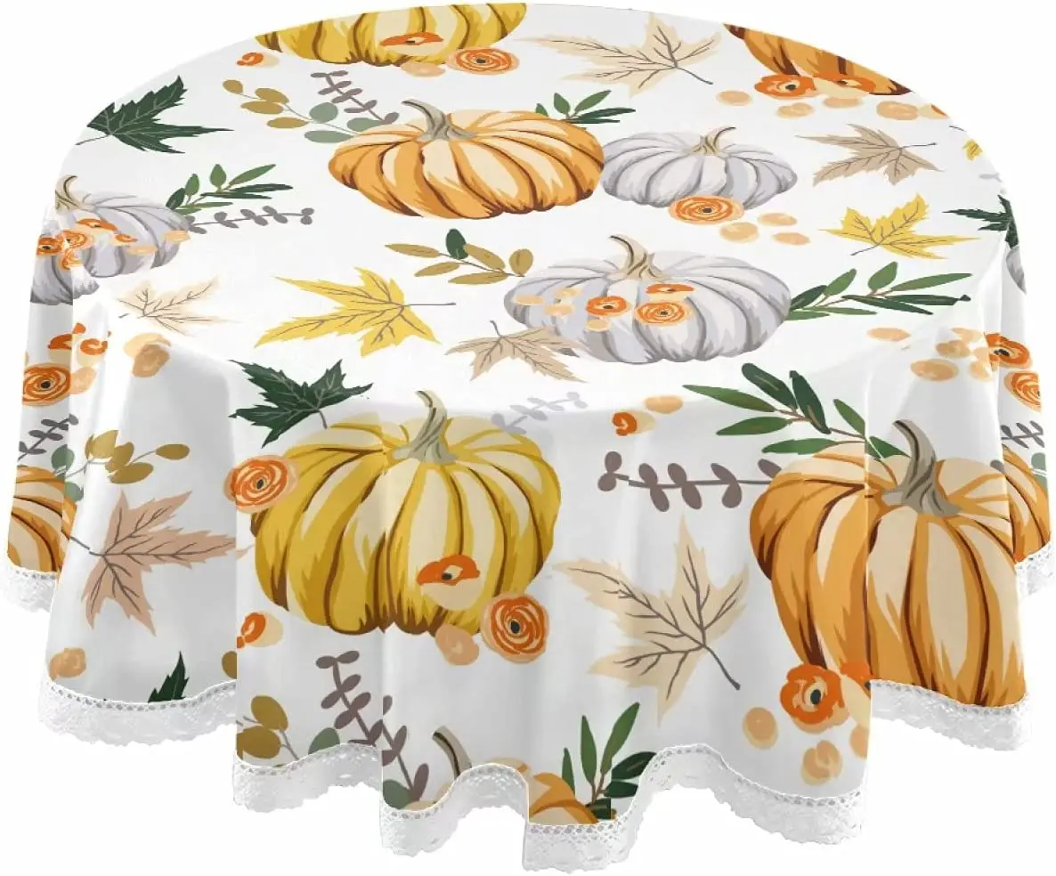 

Autumn Pumpkin Maple Leaf Round Tablecloth 60 Inch Fall Flower Table Cloth Cover Mat Lace Washable Polyester Dining Decorative