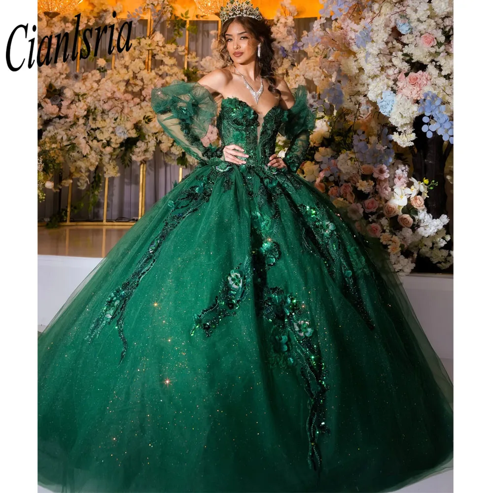 Emerald Green Detachable Sleeve Ball Gown Quinceanera Dresses 3D Flowers Sequined Appliques Lace Corset Vestidos De 15 Años