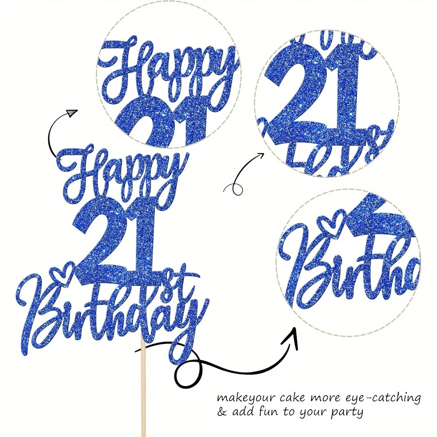 1 x blauer, glitzernder, moderner Tortenaufsatz „Happy 21st Birthday“ – Prost auf 21 Jahre, Twenty One Hello 21 Kuchendekoration – Detail 3