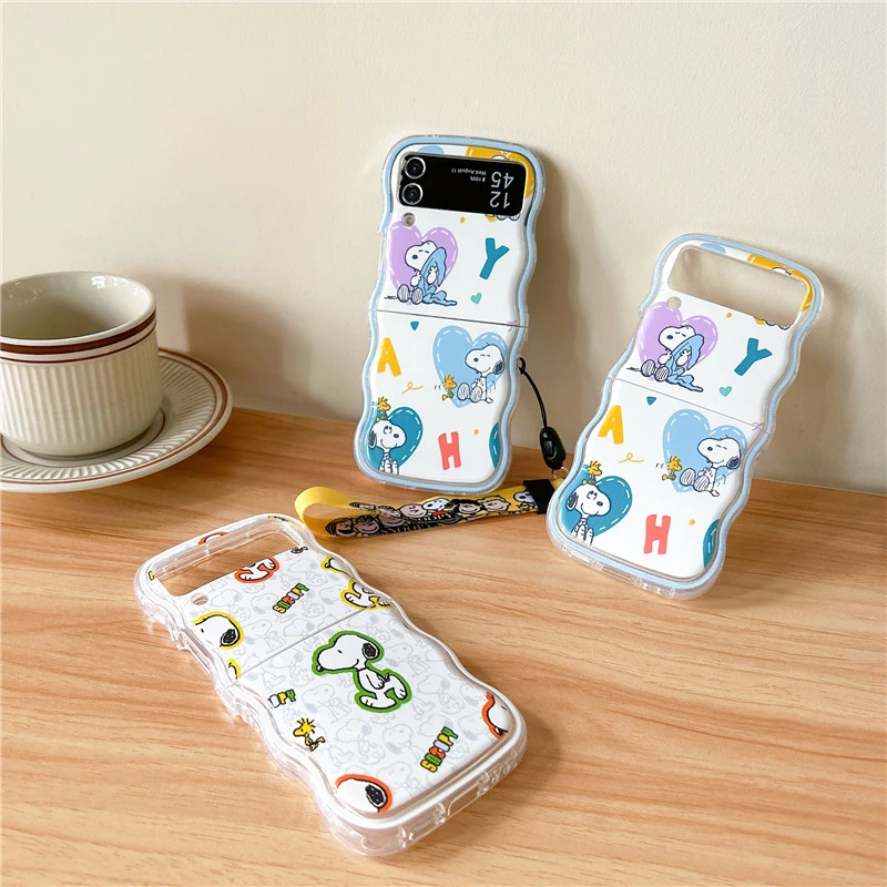 Cute Cartoon Peanuts Snoopy Phone Case For Samsung Galaxy Z Flip 7 6 5 Soft TPU Back Cover For Z Flip 3 4 With lanyard