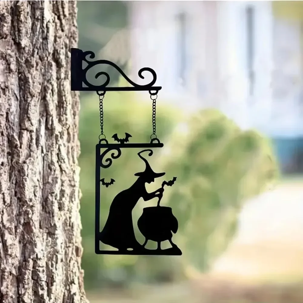 CIFBUY Halloween Witch Cauldron Bats Metal Wall Art Silhouette Hanging Sign Rustproof Outdoor Home Decor (No Chain Included)