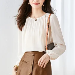 New Spring and Summer Women's Solid O-Neck Long Sleeve Loose Thin Classic Korean Blouse Fashion Casual All Match Commute Tops