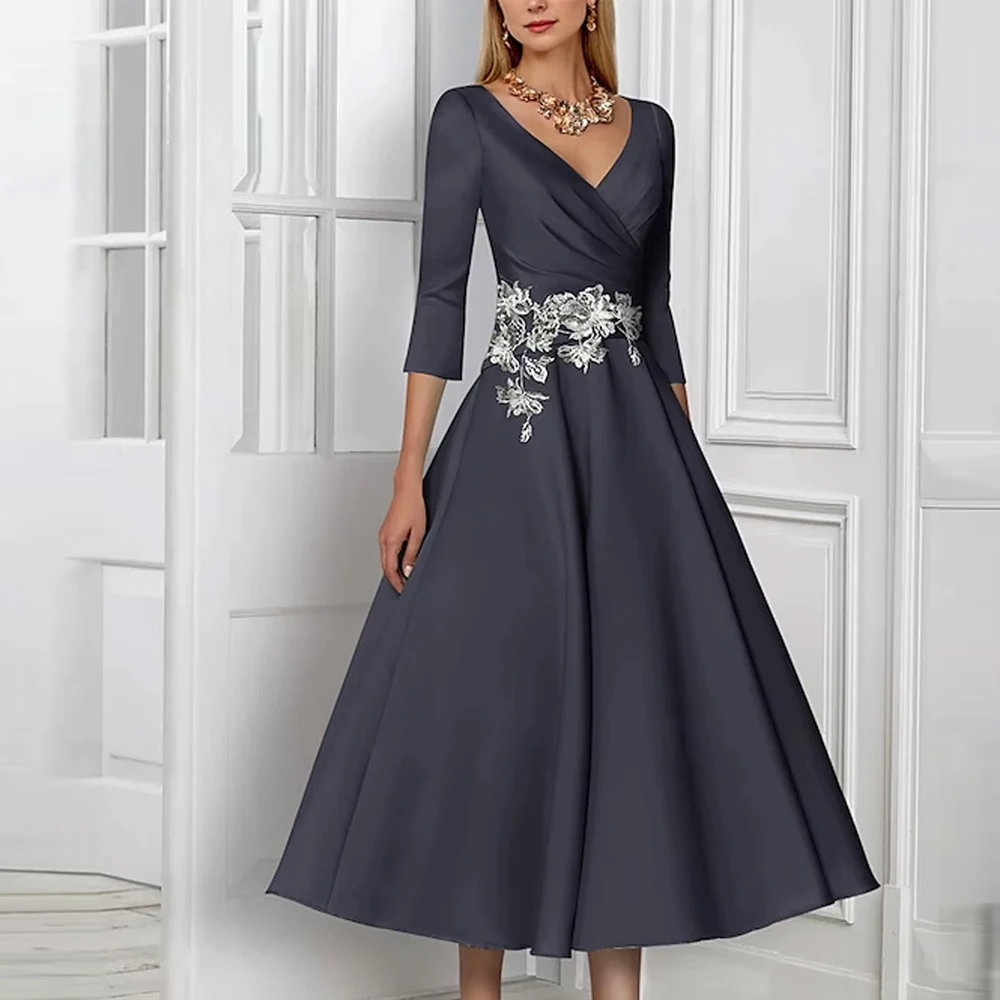 

Customized Elegant A-Line Satin V Neck Length Sequin Embellishment Mother of the Bride Formal Wedding Party Dresses
