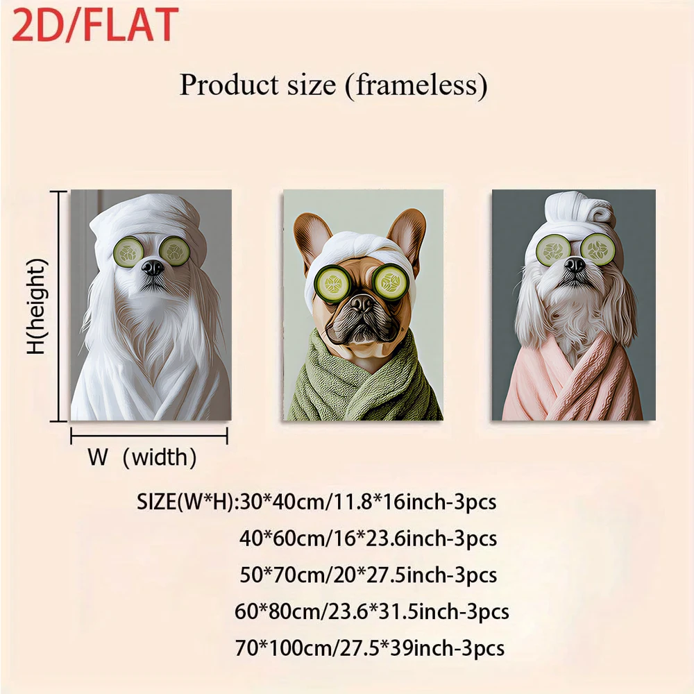 1 set of Pet SPA series three-panel frameless decorative paintings, cute dog cucumber slice face mask home decoration, 2D flat d