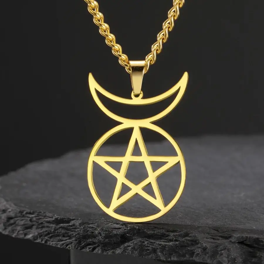 Dawapara Horned God Cernunnos Sigil Pendant Necklace Pentagram Triple Goddess Symbol Stainless Steel Wiccan Jewelry