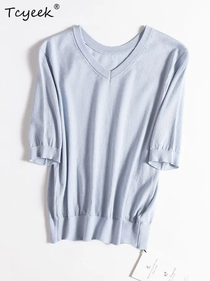 

Tcyeek, 25% Silk 75%Wool Elegant T-Shirt, Women Short Sleeve V Neck Solid, Casual Basics Knit Tee, 2024 Summer Autumn T46527QM