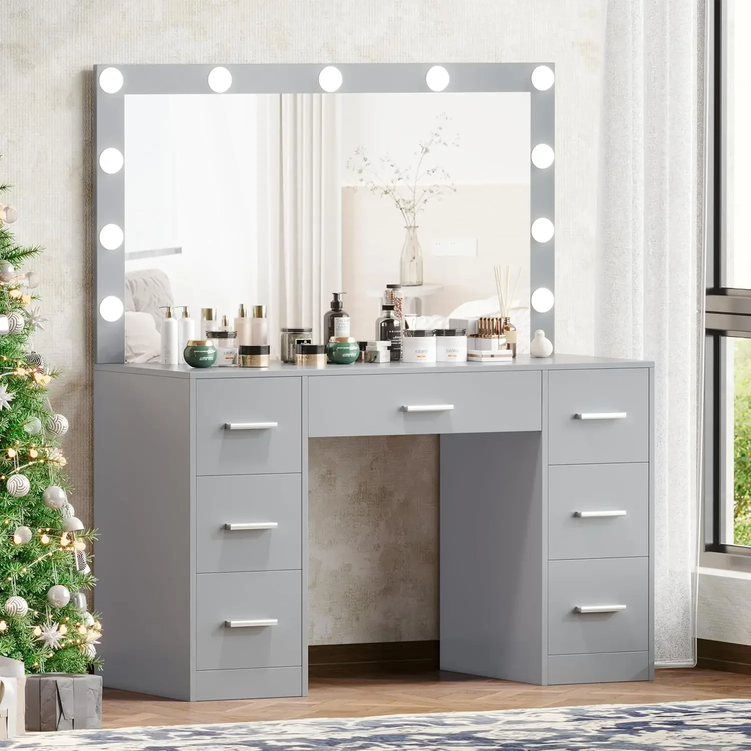 Vanity Table, Makeup Table with Lighted Mirror, 3 Color Lighting Modes, Brightness Adjustable, Dressing Table with Drawers image 6