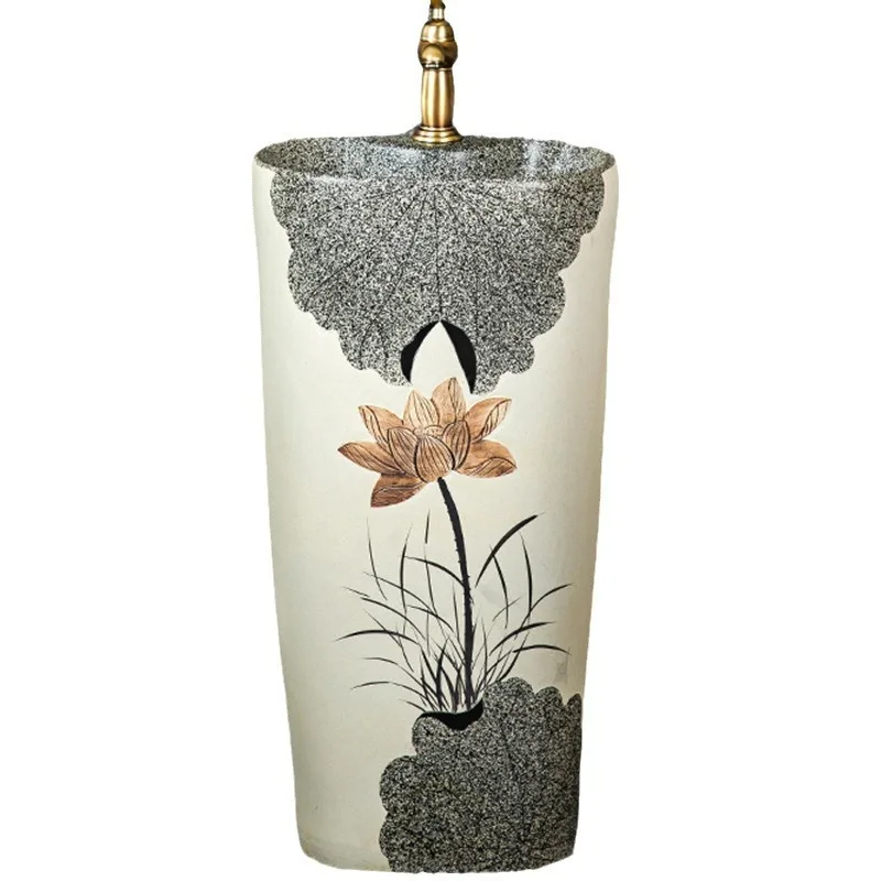 Column Basin Ceramic Washbasin Balcony Outdoor Bathroom Washbasin Integrated Column Basin Floor Washbasin Carving