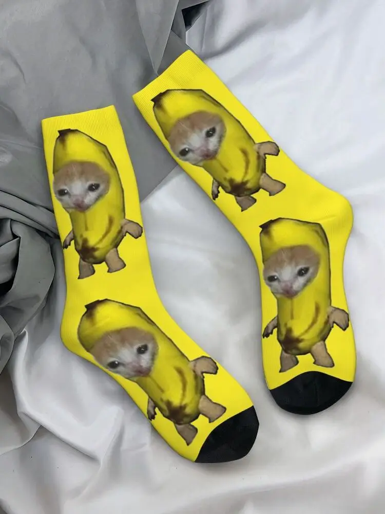 Szalony Design śliczny kotek bananowy kot Meme skarpetki koszykarskie poliestrowe długie skarpetki dla Unisex antypoślizgowe — zdjęcie 2