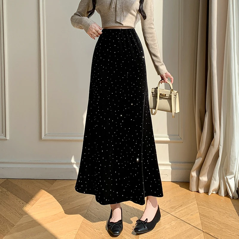 

Seoulish Autumn Winter Velvet Women's Umbrella Long Skirts High Waist Korean Casual Loose A-line Party Skirts Female 2025 New