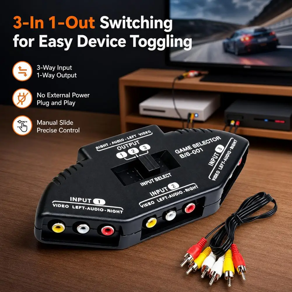 1pc 3-Way Audio Video AV RCA Black Switch Selector Box Splitter Switch W/ RCA Cable For TV X-box DVD Player Devices Switch ﻿