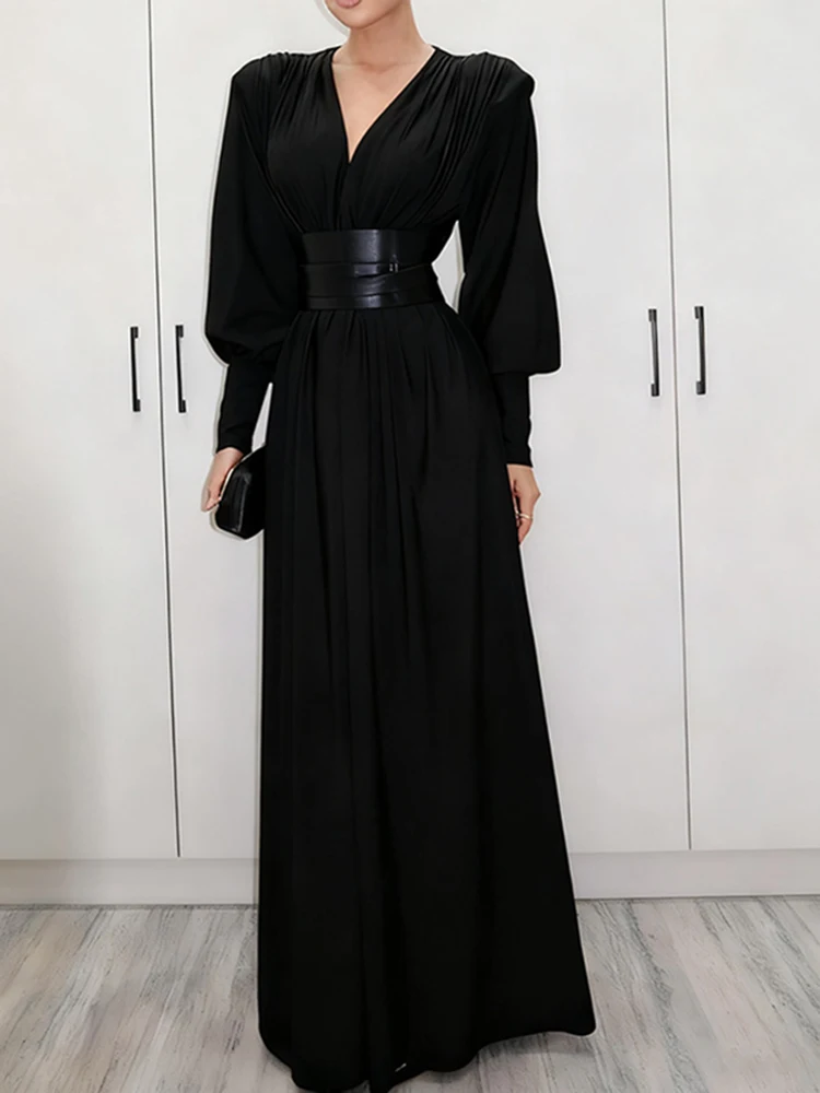 Elegante simples comute vestido longo 2025 outono inverno novo vestido feminino vintage lazer cintura alta plissado puff manga vestido de festa