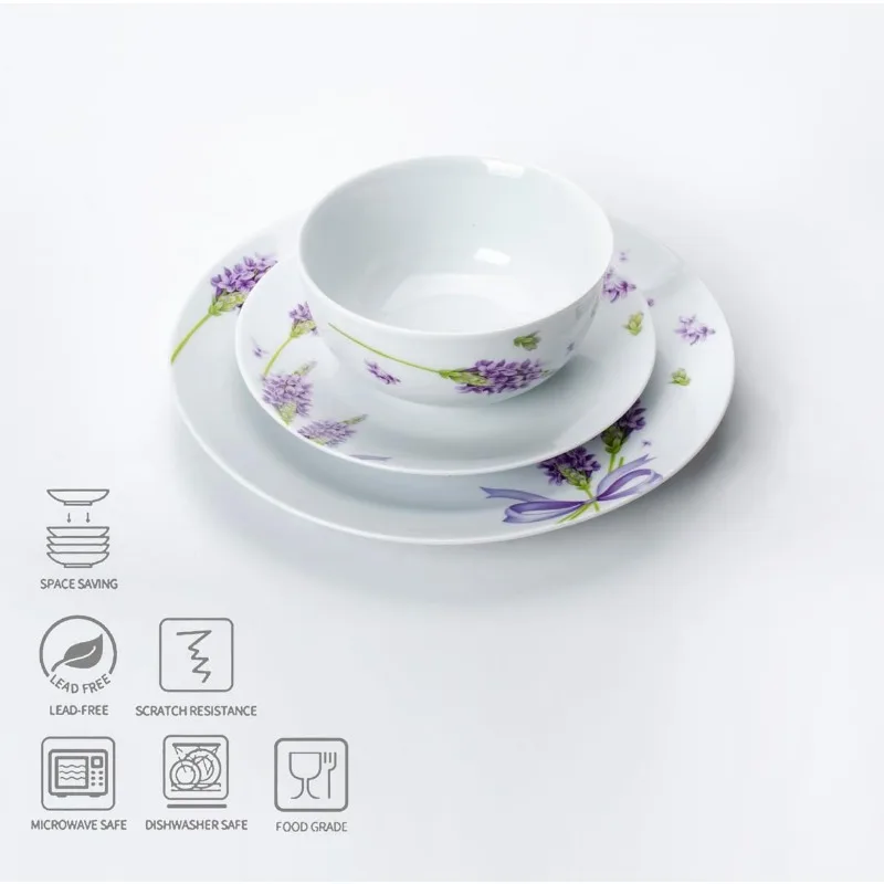 12-Piece Porcelain Kitchen Dinnerware Set with Purple Lavender Pattern, Round Dinner Plates, Dessert Plates, Soup Bowls