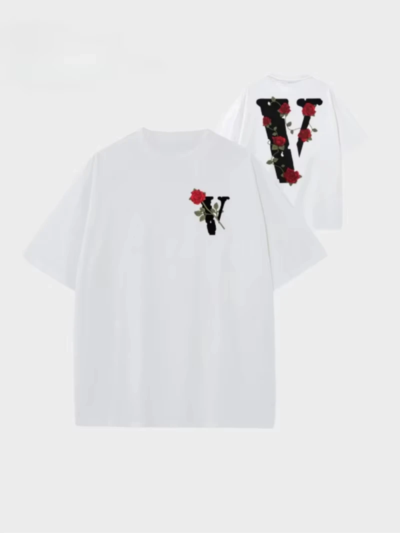 VLONE Classic Brand Short Sleeve 2025New Summer Rose Printing Casual Crew Neck American T-Shirt Couple Top