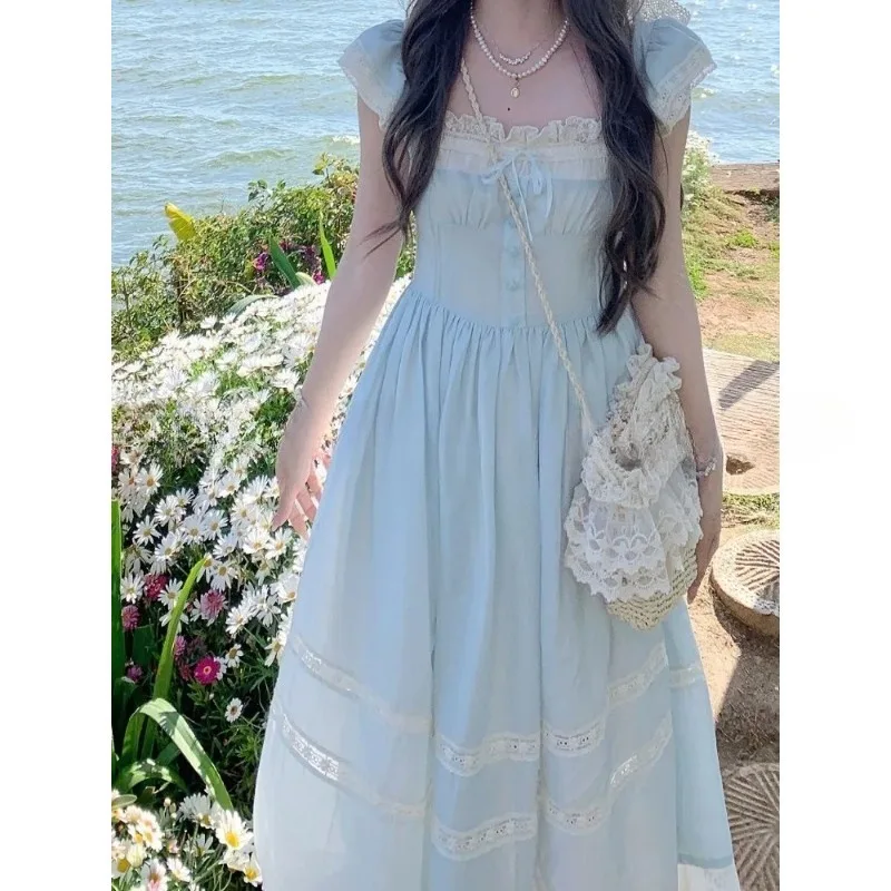 2025 Summer French Retro Style Dress Women Sweet Lace Edge Flutter Sleeve Clothes Bow Blue Long Dresses Elegant Chic Style New