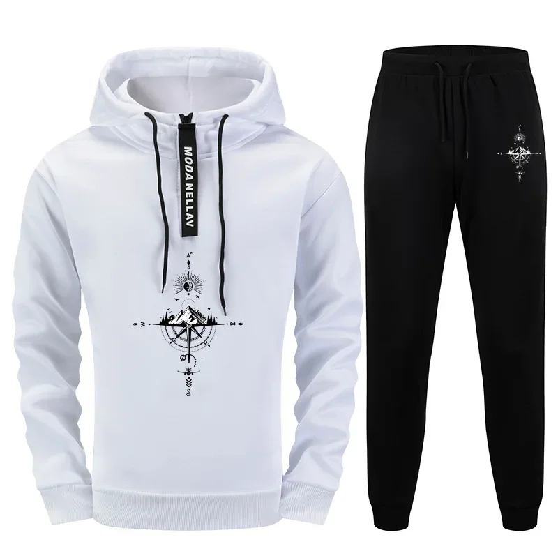 

Vintage Compass Print Mens Half Zip Hoodie and Sweatpants Urban Streetwear Tracksuit 2025 Autumn Winter Casual Sporty Outfit