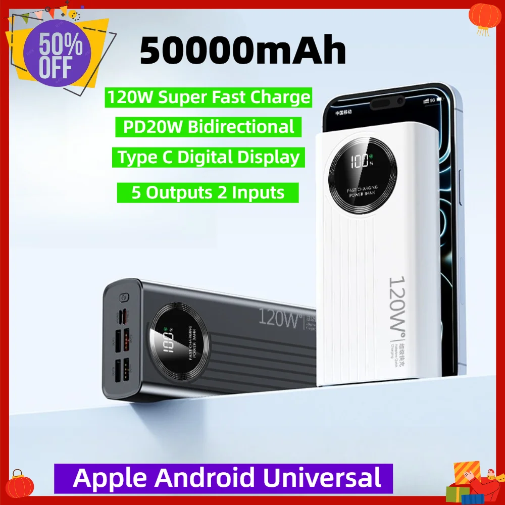 50000mAh Power Bank PD20W Bidirectional 120W Super Fast Charger TypeC Digital Display Portable Charger For iPhone Samsung Huawei